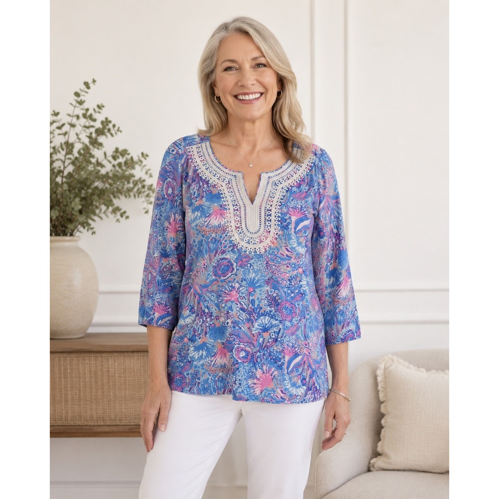 Talbots Flowing Floral Lace Trim Tunic Top Womens Large Purple Blue Pima Cotton